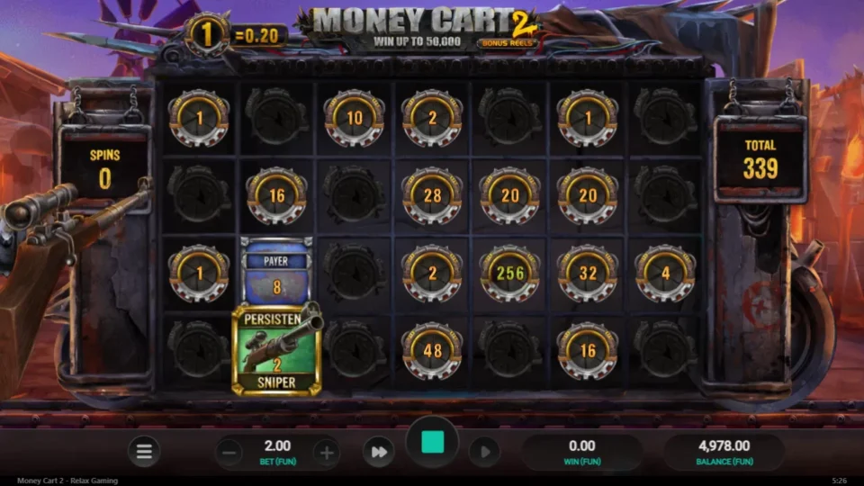 Money Cart 2: Seven reels open, a 256 coin on the board and the total at 339 with no spins left