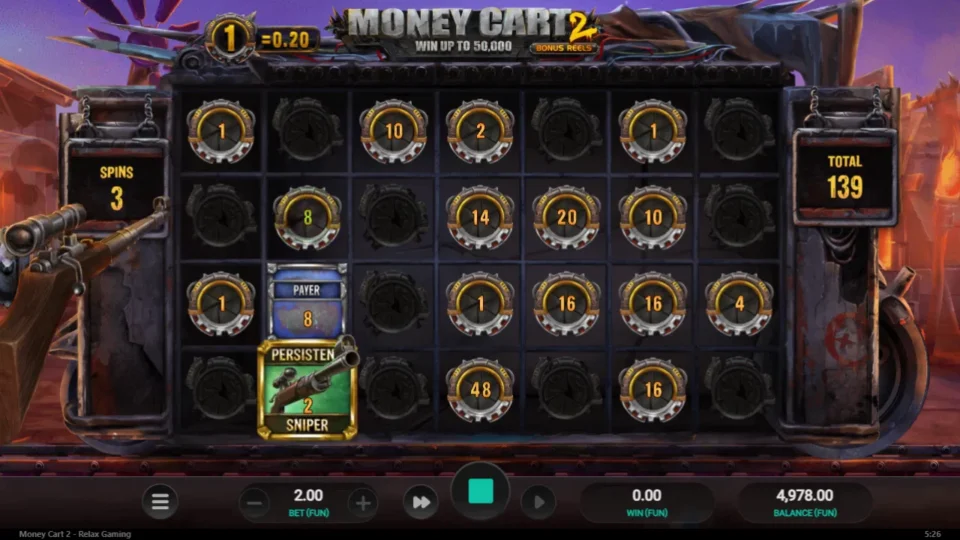 Money Cart 2: A sixth reel opens after reel one fills and the counter resets to three, total at 139