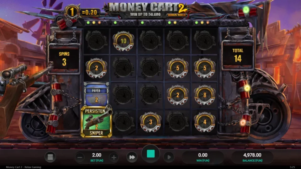 Money Cart 2: Persistent Sniper and a Payer arrive early, total at 14 with three spins on the counter