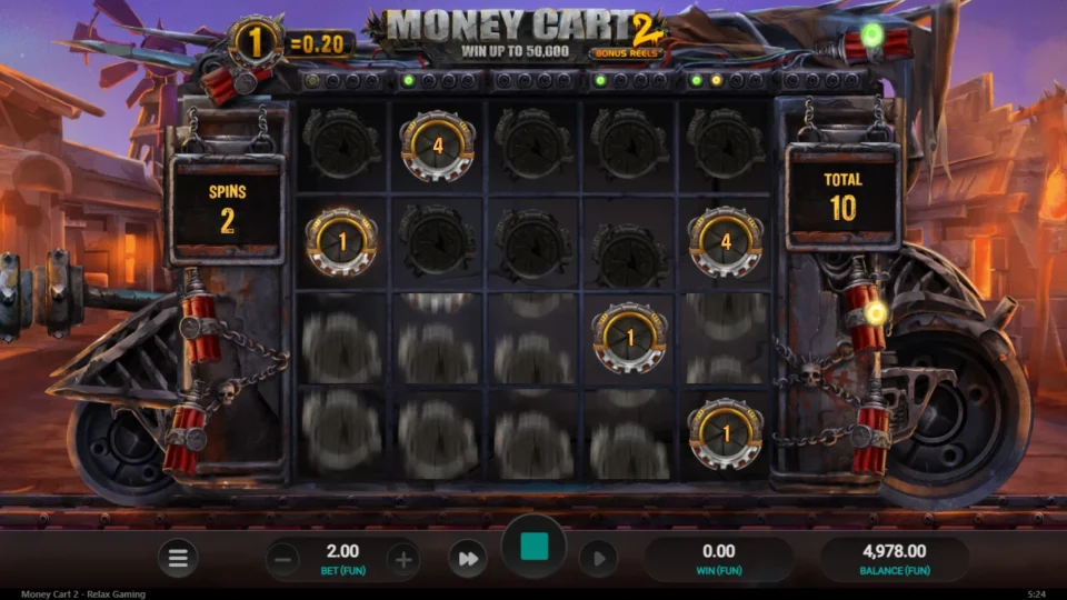 Money Cart 2: Three Bonus symbols land on a media spin: the re-spins start with a 4, 1, 4 and 1 on the board