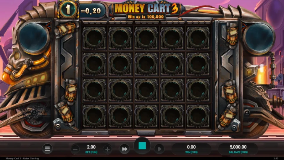 Money Cart 3: Empty 5x4 board at FUN 2.00 with the 1 = 0.20 coin indicator above the reels and both side columns still closed