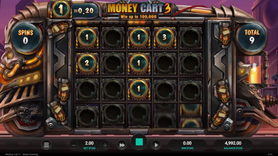 Money Cart 3: Early in the round: seven coins showing, total 9, three re-spins on the counter