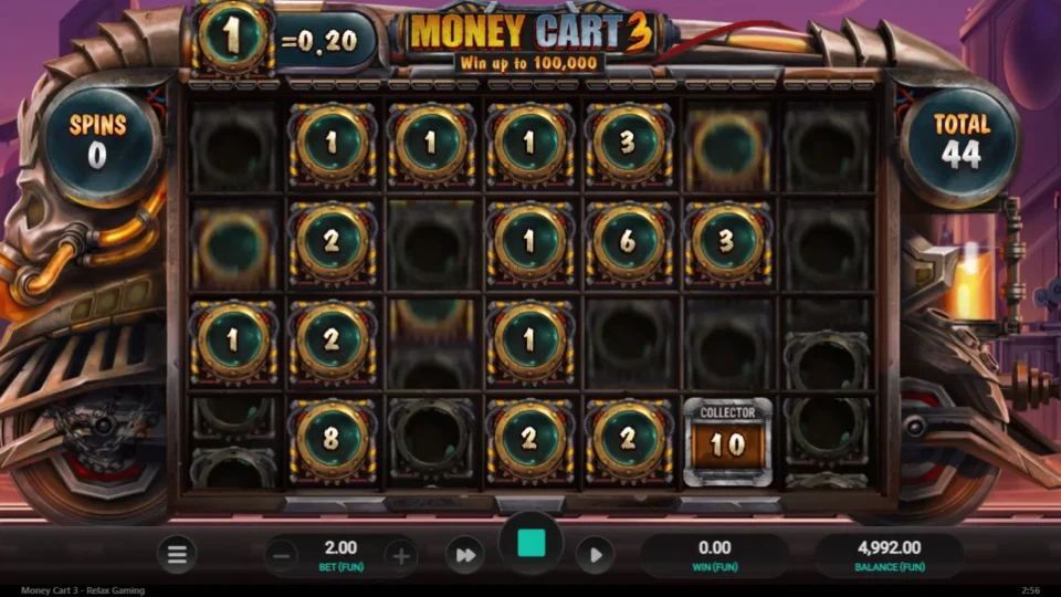Money Cart 3: Last re-spin used: fourteen coins and the Collector at 10, total 44 on the meter