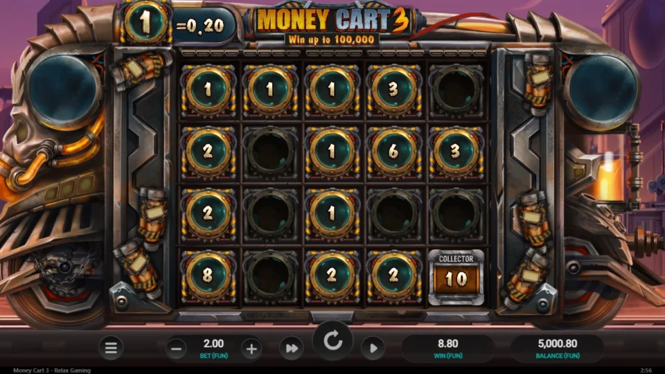 Money Cart 3: Result of the recorded re-spins: 44 coins paid as 8.80, balance 5,000.80