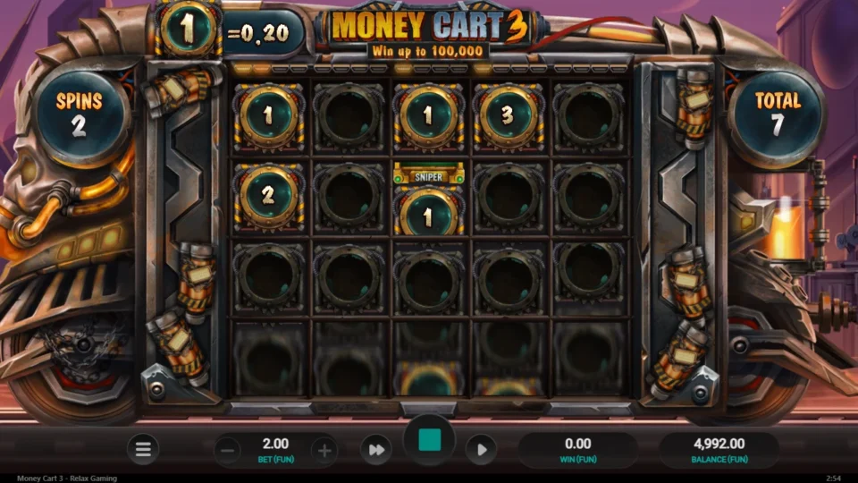 Money Cart 3: Natural trigger on the fourth media spin: four coin symbols and a Sniper on the board, total 7, spins 2