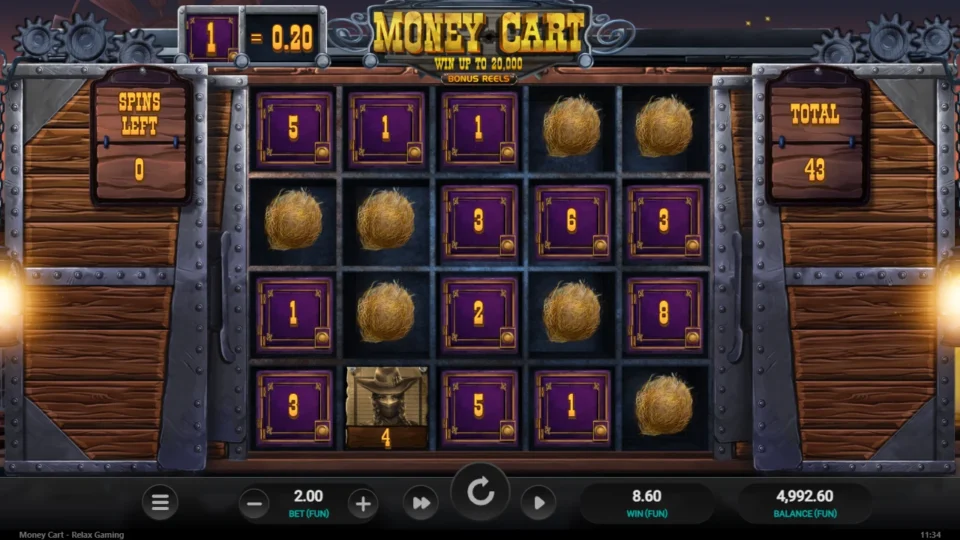 Money Cart: Fourteen respins end at 43 coins with a Payer worth 4 in the bottom row: FUN 8.60