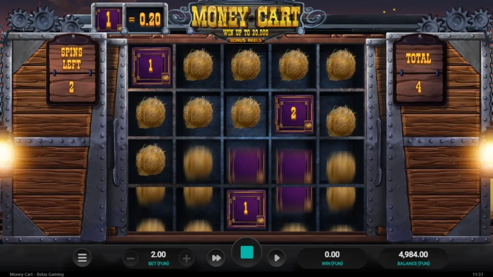 Money Cart: Re-spins under way: safes revealed as 1 and 2 coins, two respins left, total 4