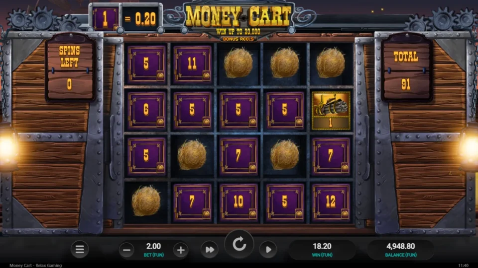 Money Cart: A Payer worth 1 lifted the board to 91 coins, FUN 18.20 on the win meter