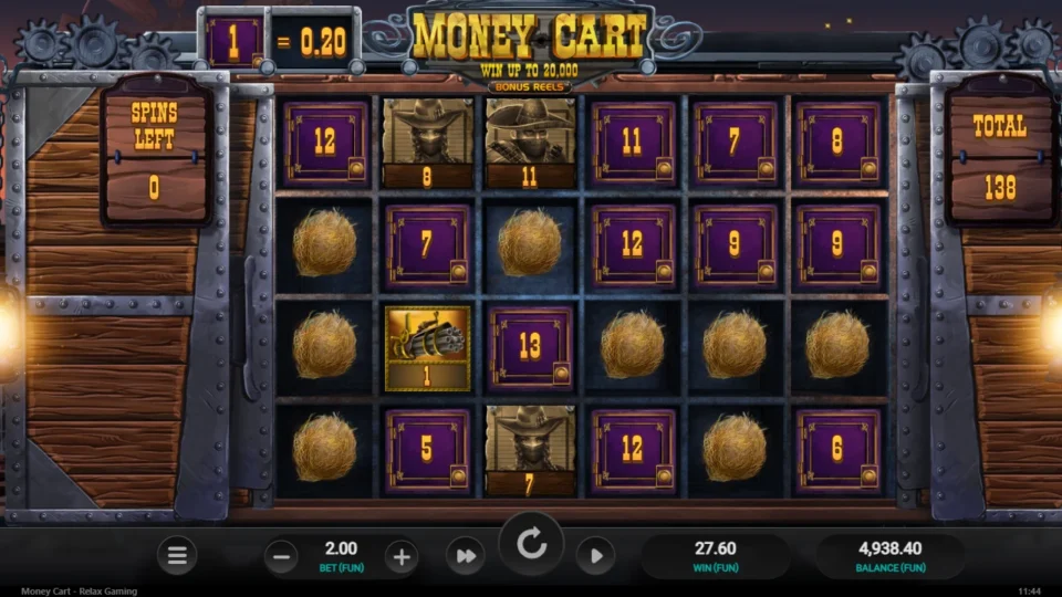 Money Cart: Result of the recorded round: seven columns, two Payers and a Collector, 138 coins, FUN 27.60