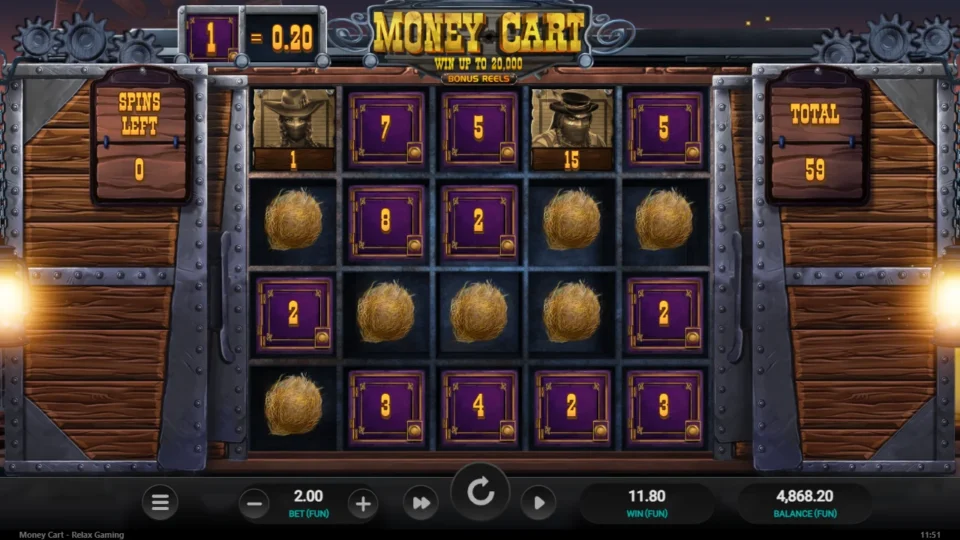 Money Cart: Payer 1 and Collector 15 in the top row close the round at 59 coins, FUN 11.80