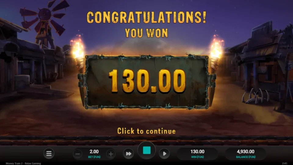 Money Train 2: Money Cart result: FUN 130 from a FUN 200 bonus buy
