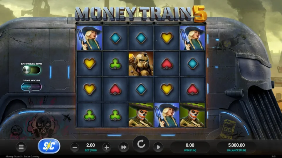 Money Train 5: Base reels at FUN 2.00 before the first spin: two gunslingers on the top row and a raider in the centre, balance 5,000.00