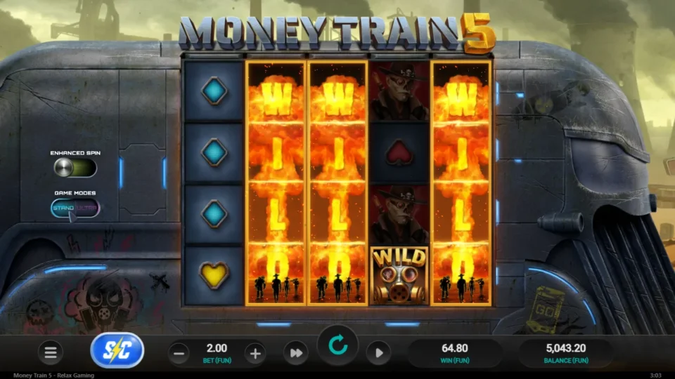 Money Train 5: Three Nuclear Wild reels burning on reels two, three and five beside an outlaw pair: 64.80 at FUN 2.00