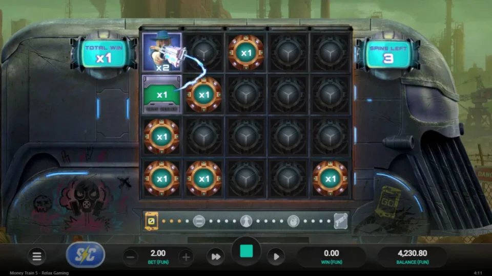 Money Train 5: Board after the first re-spins: five x1 values, a Collector Payer and a green ticket on the left, 3 spins left