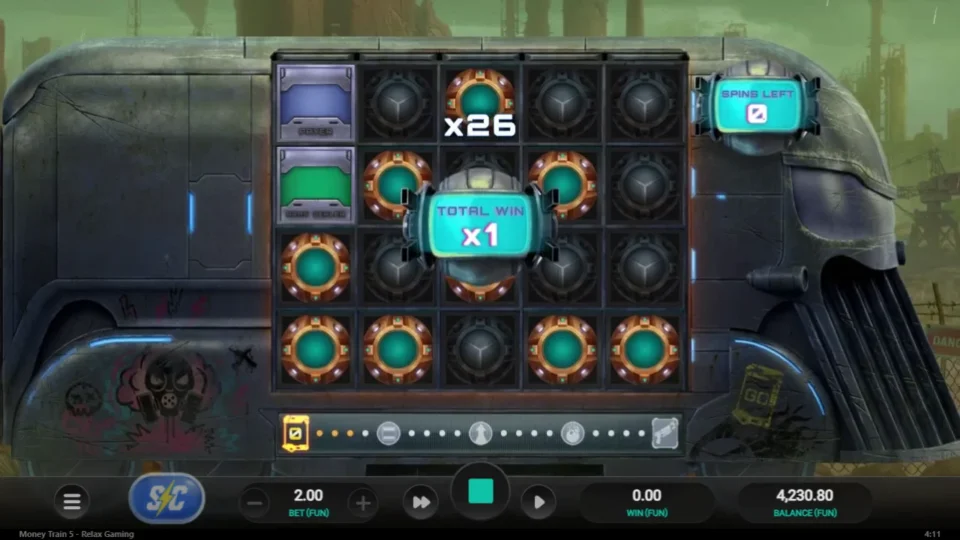 Money Train 5: A Collector at x26 flies in as tickets stack on the left column, total win x1 on the meter