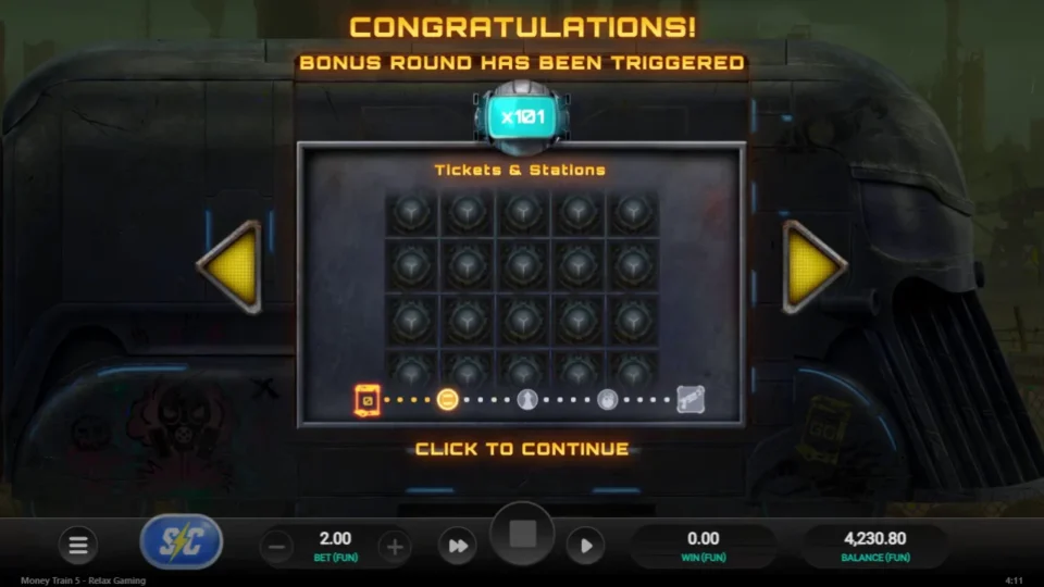 Money Train 5: Congratulations screen: bonus round triggered at x1, the station track under an empty 5x4 board