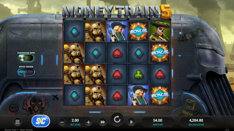 Money Train 5: Result of the recorded bonus: 54.00 on the win counter, three bonus symbols still on the reels, balance 4,284.80