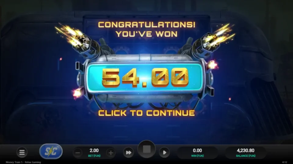 Money Train 5: Bonus result screen: 54.00 won, click to continue