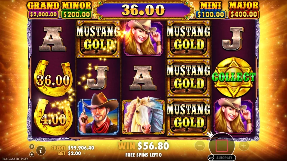 Mustang Gold: free spins result: 98.0 (natural trigger)