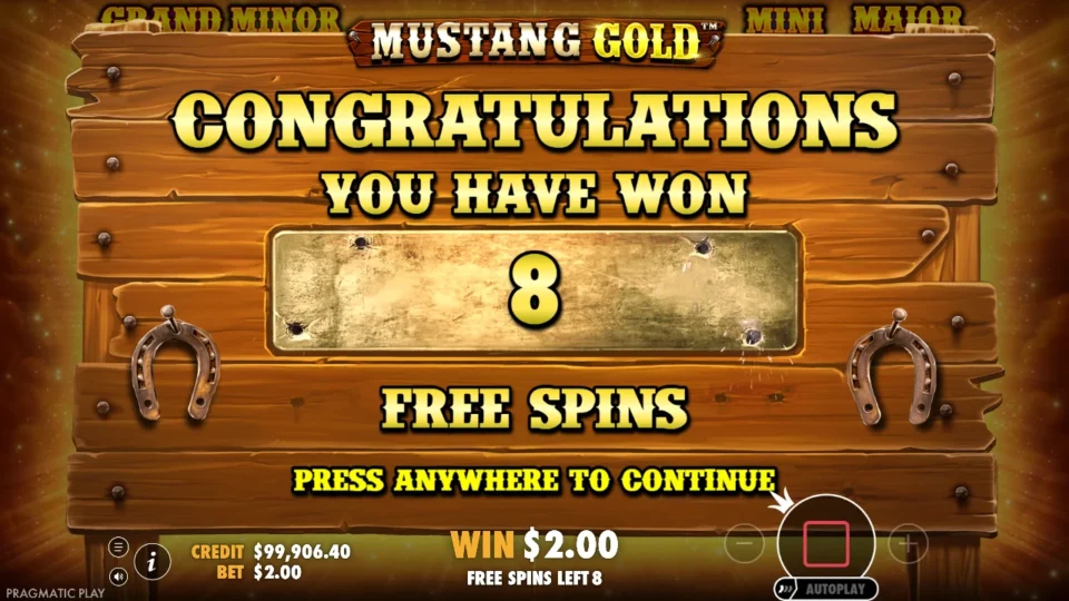 Mustang Gold: free spins triggered (natural trigger) on round 54