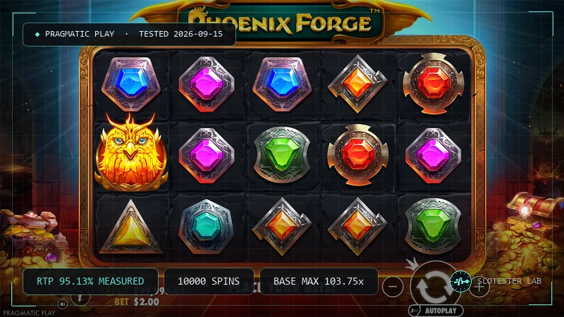 Phoenix Forge slot review card, Slotester Lab test