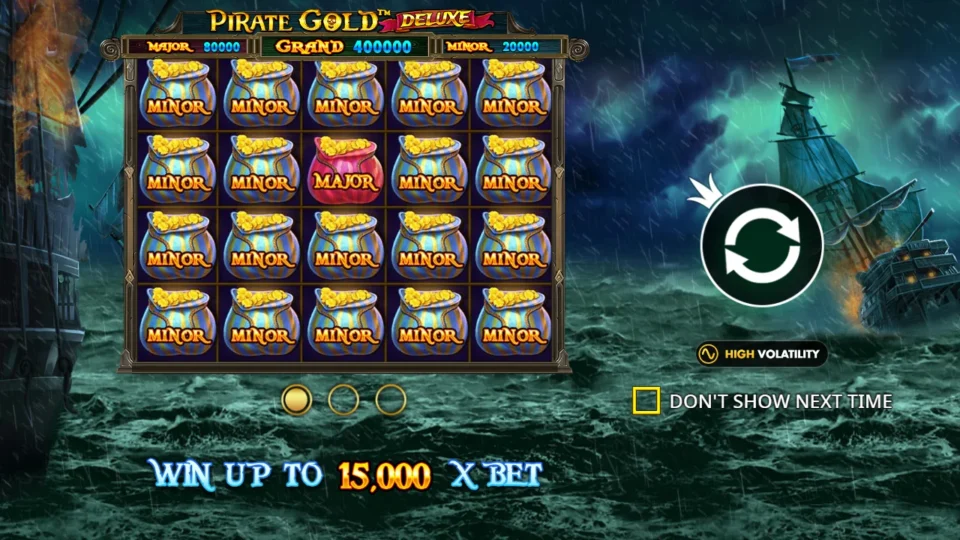 Pirate Gold Deluxe: Intro slide: a full board of Minor bags with one Major in the middle, win up to 15,000x bet and the high volatility badge