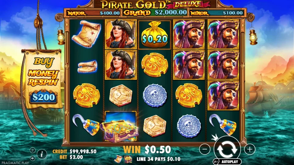 Pirate Gold Deluxe: Idle reels at USD 2 after the intro, a USD 0.20 money bag on reel three, the Buy Money Respin plaque at USD 200 and the Minor, Major and Grand values above the reels