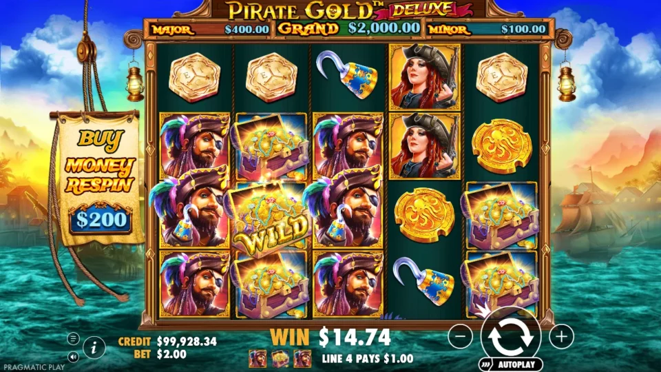 Pirate Gold Deluxe: Three captains on the first reel and Wild chests on reels two and four pay across several lines in ordinary play, the counter past USD 14.74 with line 4 showing USD 1.00