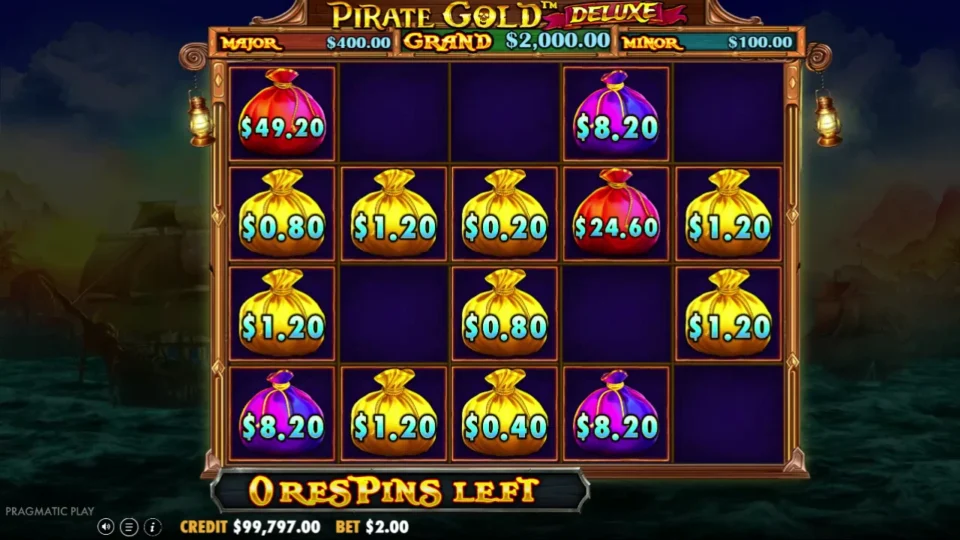 Pirate Gold Deluxe: The board stops after the last respin comes up empty: the USD 49.20 and USD 24.60 collectors among the yellow bags, zero respins left