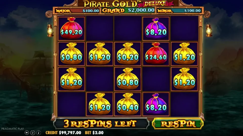 Pirate Gold Deluxe: Red collector bags worth USD 49.20 and USD 24.60 and two purple USD 8.20 bags have joined the board, the counter back at three respins