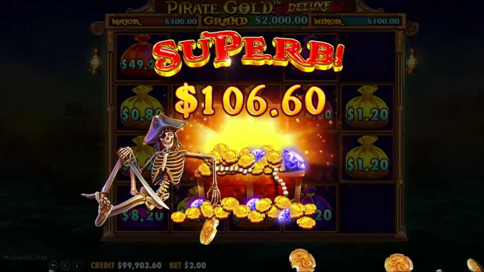 Pirate Gold Deluxe: Result of the purchased board: USD 106.60 on the USD 200 ticket, the skeleton and his chest marking the end of the respins