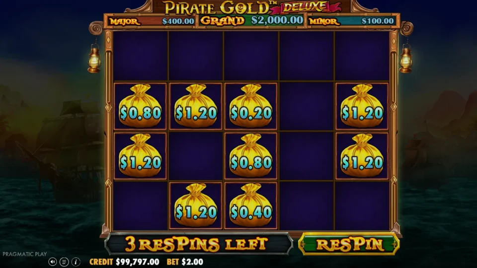 Pirate Gold Deluxe: Purchased board opens with eight bags worth USD 0.20 to USD 1.20, three respins on the counter and the RESPIN button lit, credit USD 99,797.00