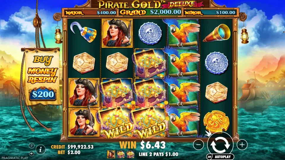 Pirate Gold Deluxe: Two Wild chests on reel two beside the red-haired pirate on reel one and a column of parrots on reel four, the win counter still climbing