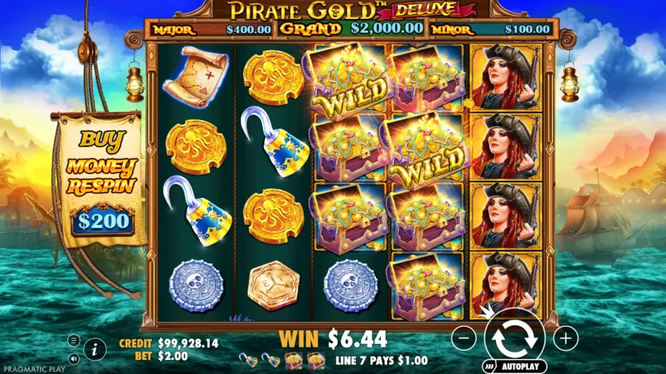 Pirate Gold Deluxe: Wild chests on reels three and four beneath a full column of the red-haired pirate on reel five, line 7 paying USD 1.00