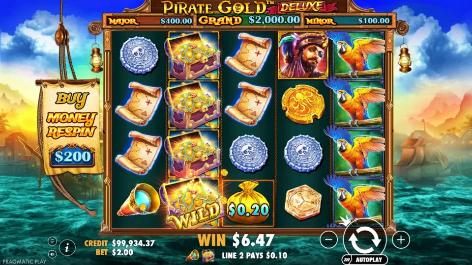 Pirate Gold Deluxe: A column of Wild chests on reel two, two treasure maps on reel three and a USD 0.20 money bag on reel five in ordinary play
