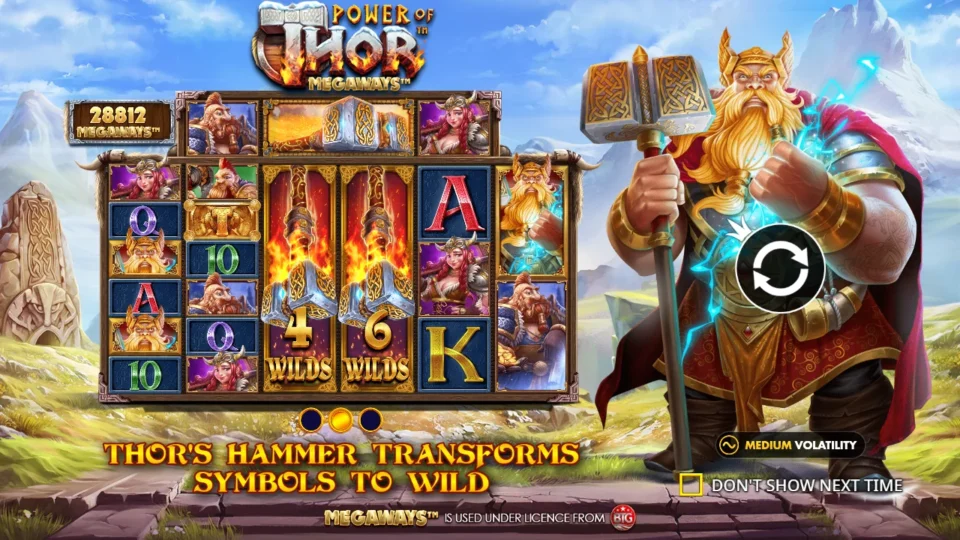 Power of Thor Megaways: Flaming hammers on reels three and four tagged 4 wilds and 6 wilds, the slide saying the hammer turns symbols wild