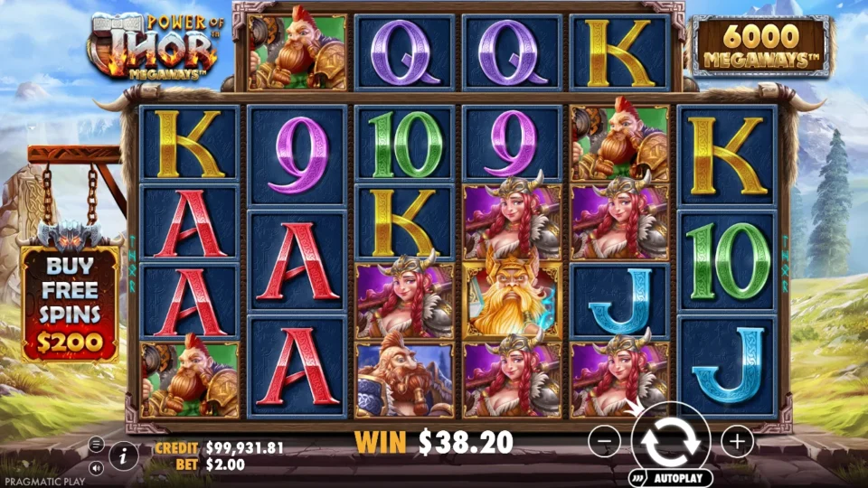 Power of Thor Megaways: Valkyries stacked on the right-hand reels with the win meter at USD 38.20