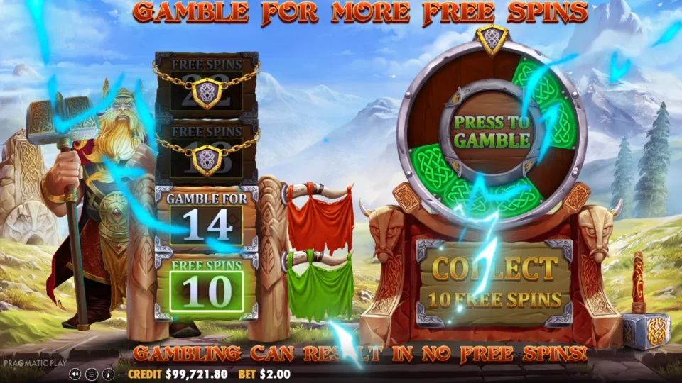 Power of Thor Megaways: Lightning crackles over the gamble ladder, 10 free spins lit green and a gamble for 14 offered one rung higher