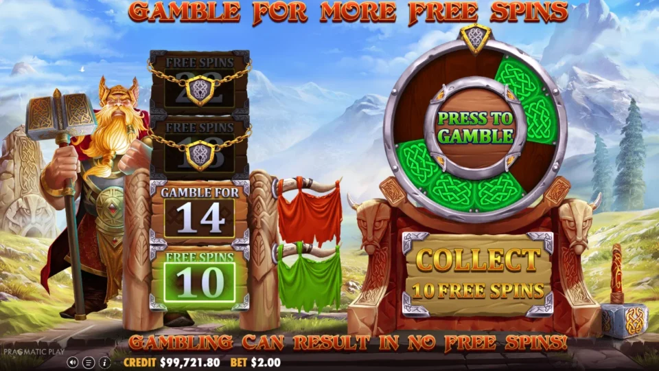 Power of Thor Megaways: Gamble wheel offered after the purchase, with Collect 10 free spins on the right