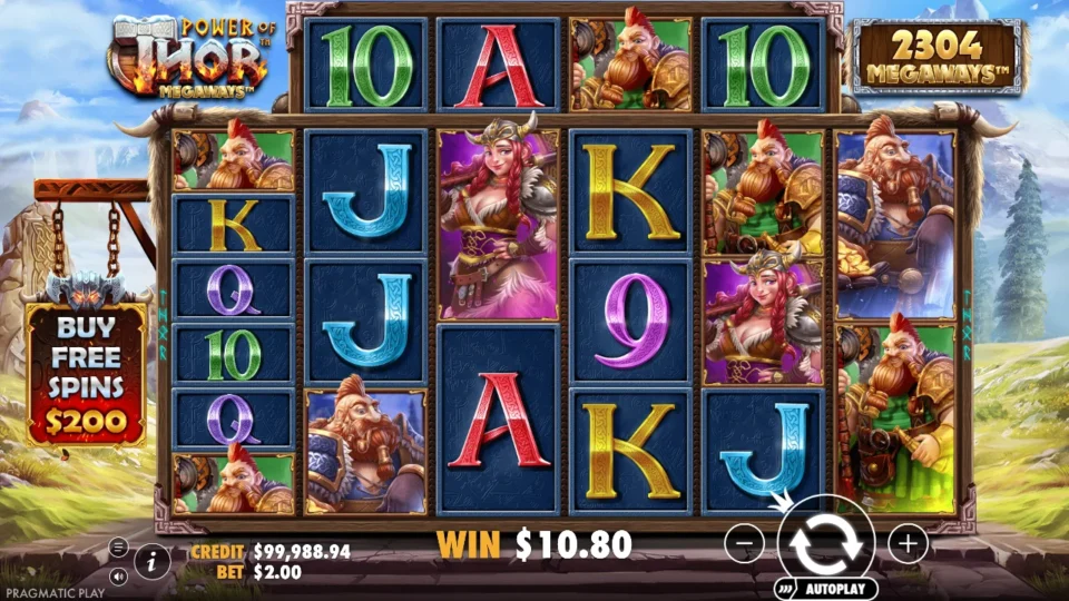 Power of Thor Megaways: Valkyrie and dwarf warriors on a board that paid USD 10.80