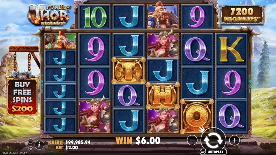 Power of Thor Megaways: Scatters T, H and O on the board, one letter short of the bonus, with USD 6.00 paid
