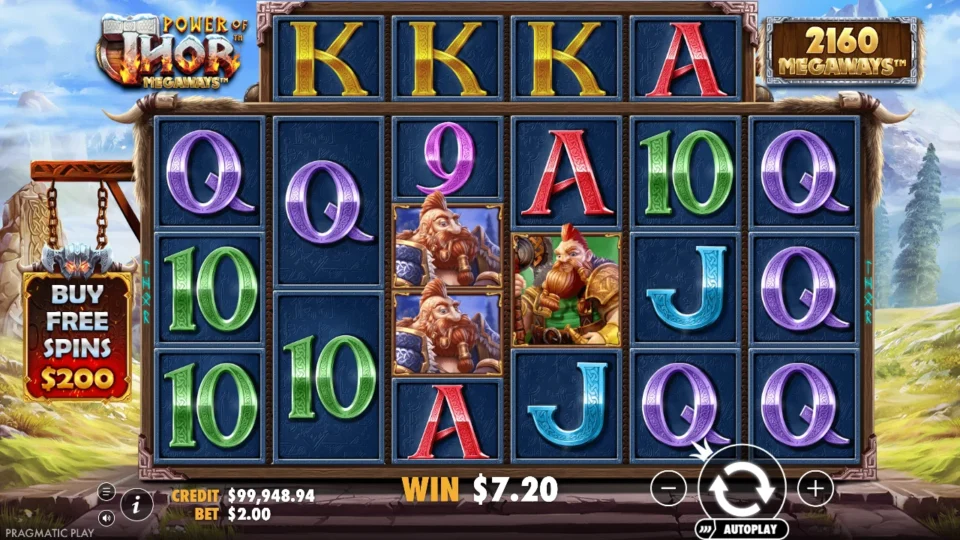 Power of Thor Megaways: Kings across the top rail and dwarves mid-board in a round worth USD 7.20