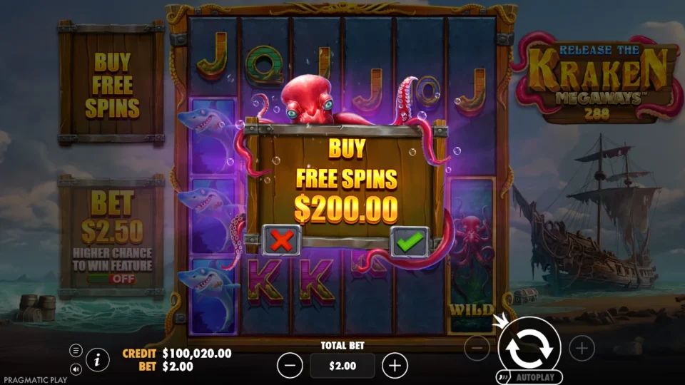 Bonus buy: Release the Kraken Megaways, three-symbol purchase at USD 200