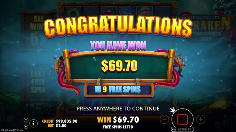 Release the Kraken Megaways free spins result: USD 69.70 from nine spins