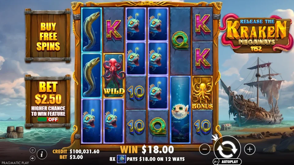 USD 18.00 from 12 anglerfish ways on the Release the Kraken Megaways demo, round 81