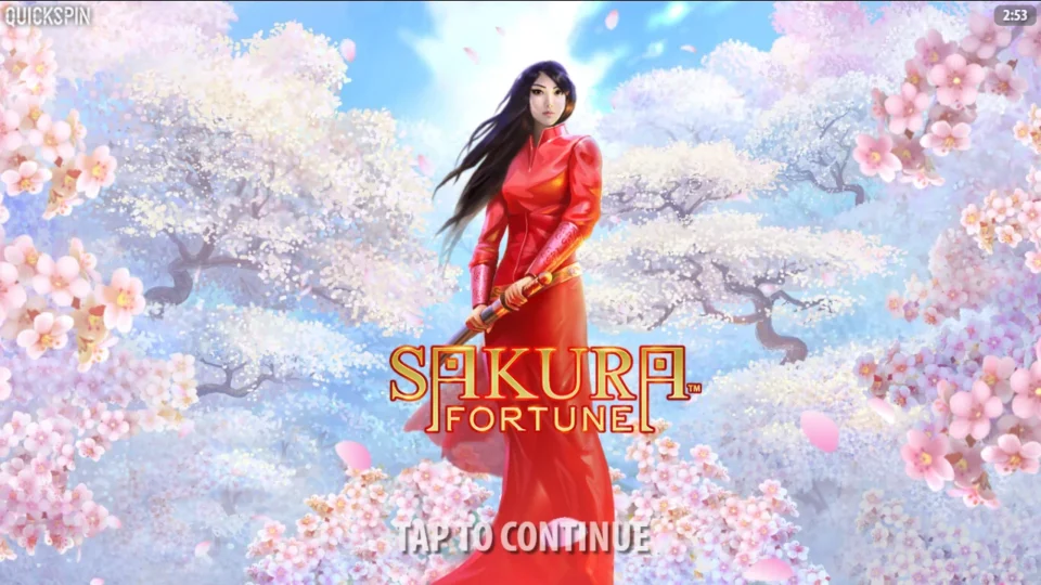 Sakura Fortune: Title screen with the Princess under cherry blossoms before play