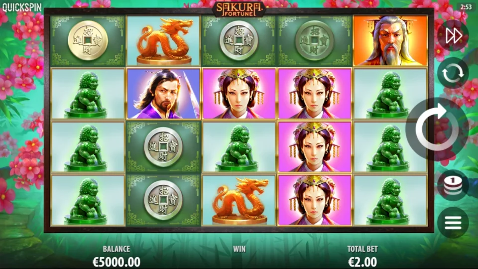 Sakura Fortune: Demo base game at a EUR 2.00 total bet on the 5x4 reels