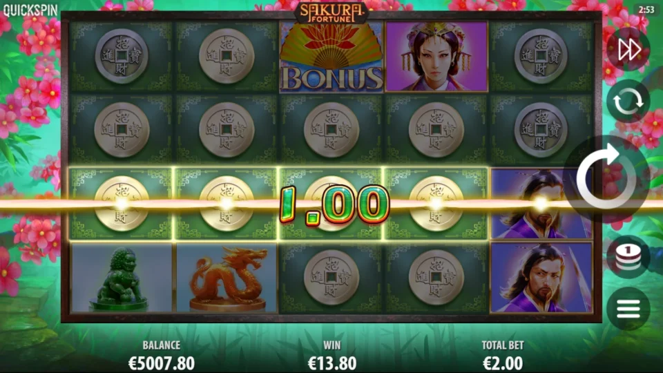 Sakura Fortune: Line win of EUR 13.80 with a Bonus scatter on reel three