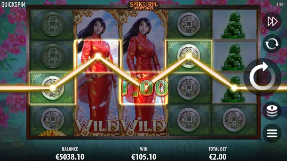 Sakura Fortune: Two Princess Wild reels side by side in a EUR 105.10 base win