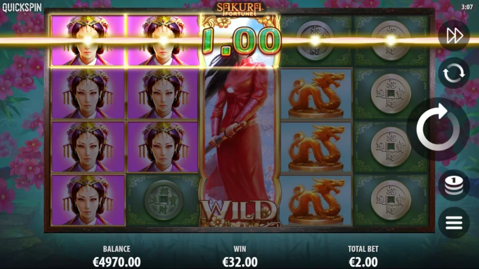 Sakura Fortune: EUR 32.00 base win from stacked purple ladies and a Wild on reel three